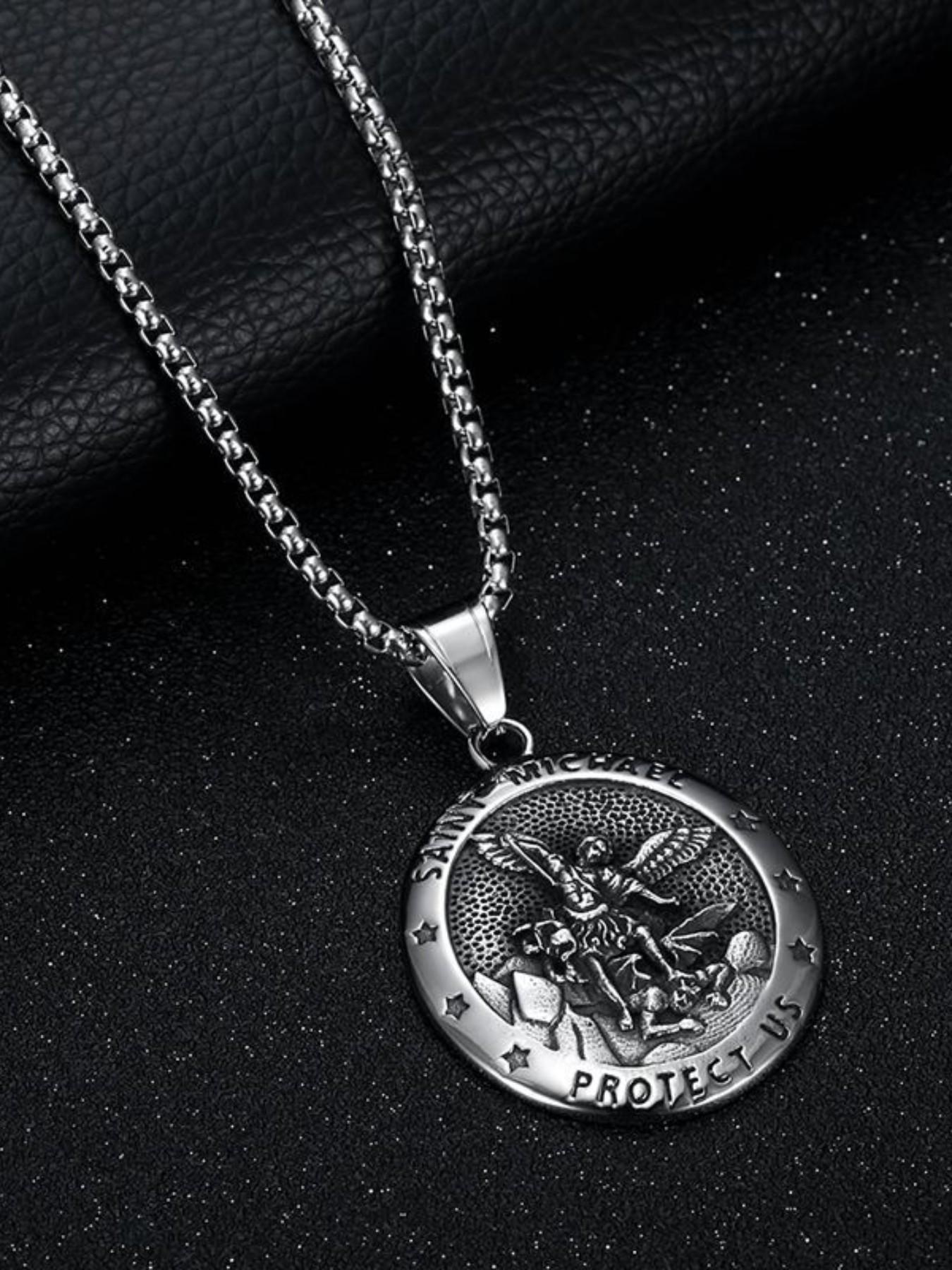 Vintage Saint Michael Angel Pendant Necklace, Unisex Titanium Steel Round Charm, Protective Jewelry for Men and Women, Unique Fashion Accessory