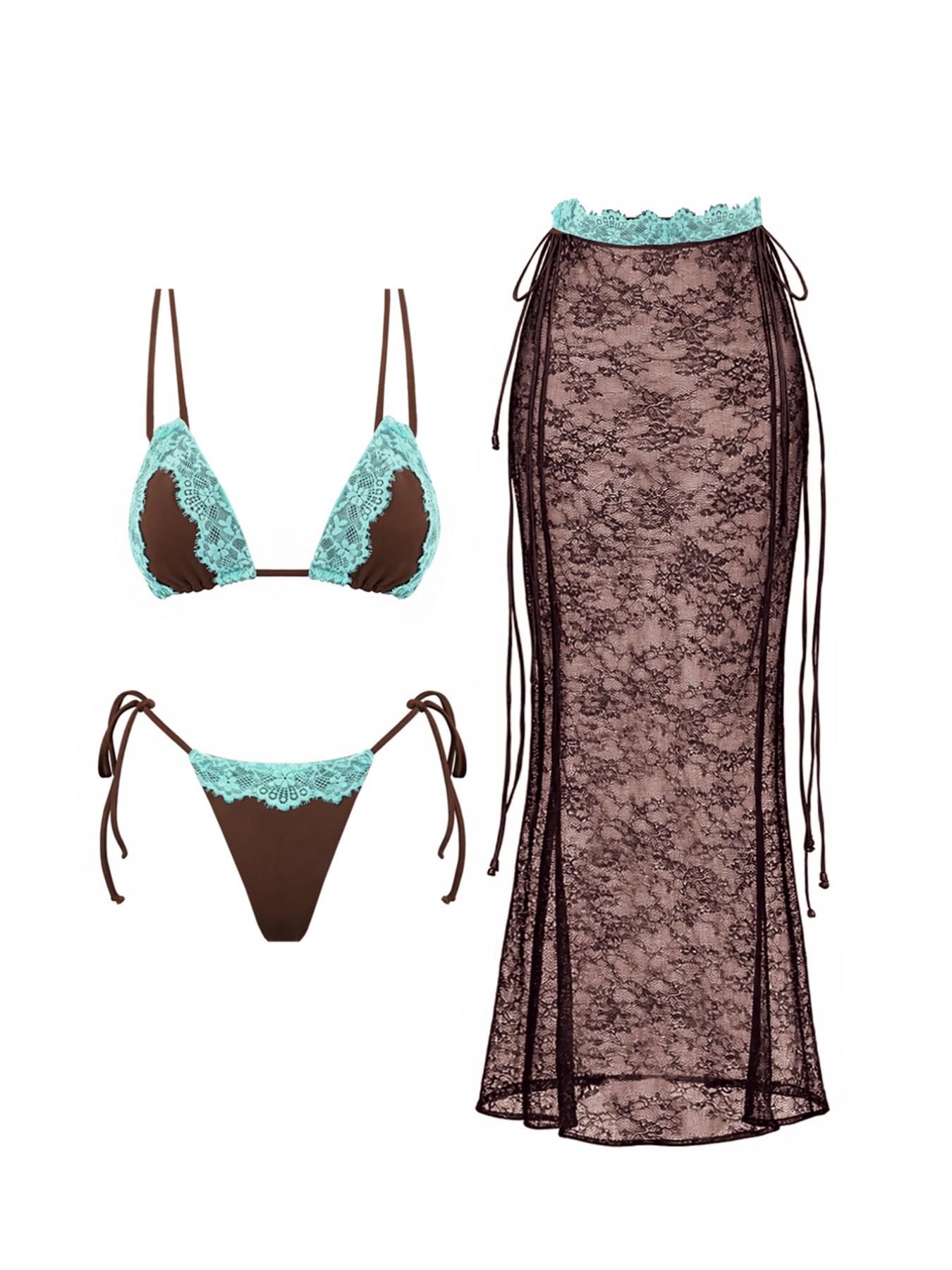 Women's Lace Patchwork Bikini Set, Sexy Long Dress Triangle Swimwear, Beach Party Three-Piece Swimsuit, Holiday Swimming