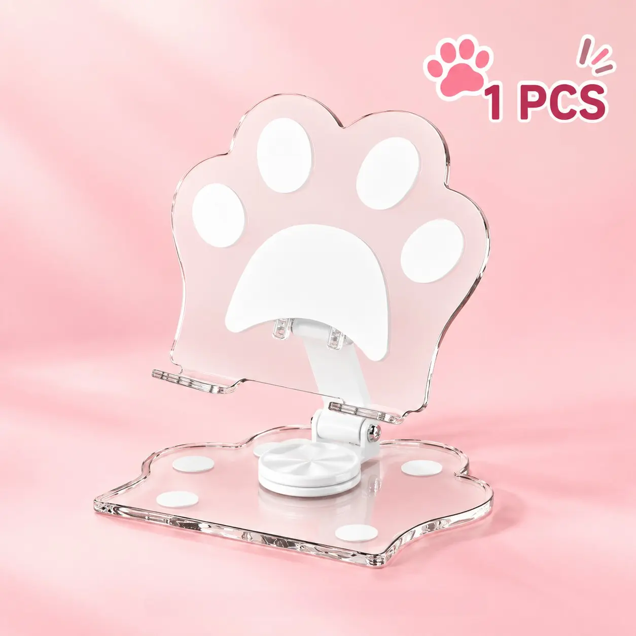 1 Pack 360° Rotating, 180° Adjustable, Foldable Acrylic Cat Paw Phone & Tablet Stand with Silicone Pads, Stable Non-Slip Desktop Holder for Desk, Bedside, Kitchen, Office, Streaming, Video Calls, Up to 14-Inch Devices, Cute Gift for Cat Lovers