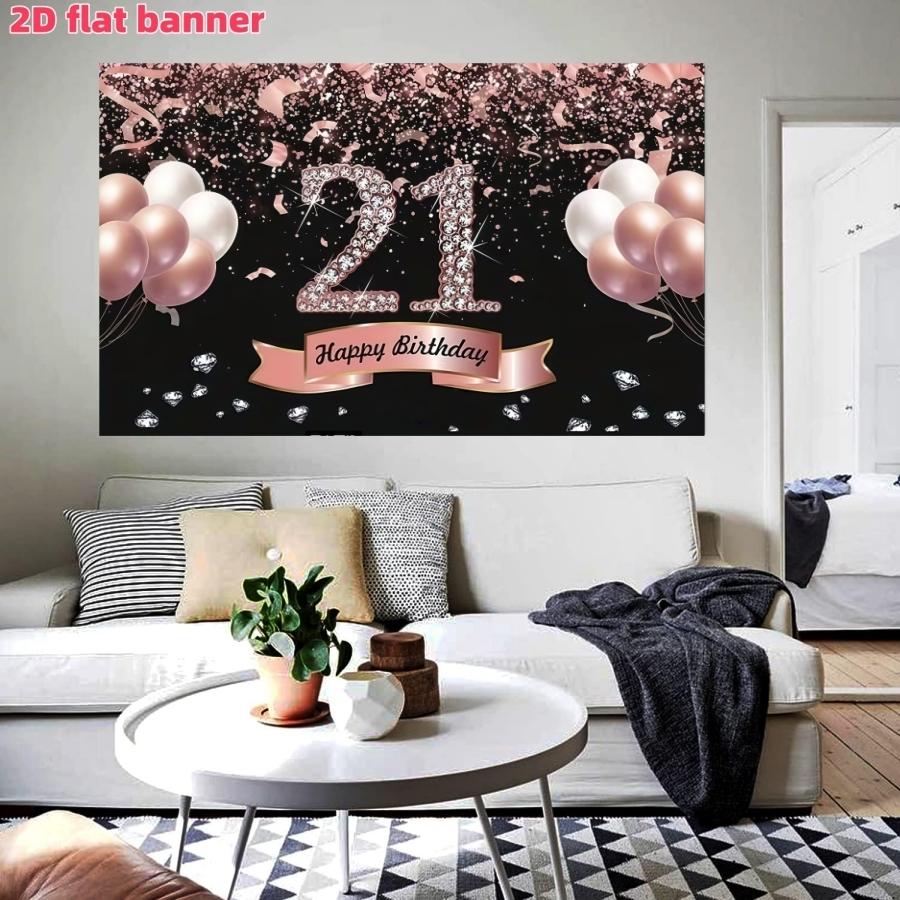 Pink gold diamond 21st birthday party background fabric, happy birthday polyester banner, suitable for living rooms, bedrooms, offices, birthdays, anniversaries, home decoration, outdoor and indoor parties, photography background fabric