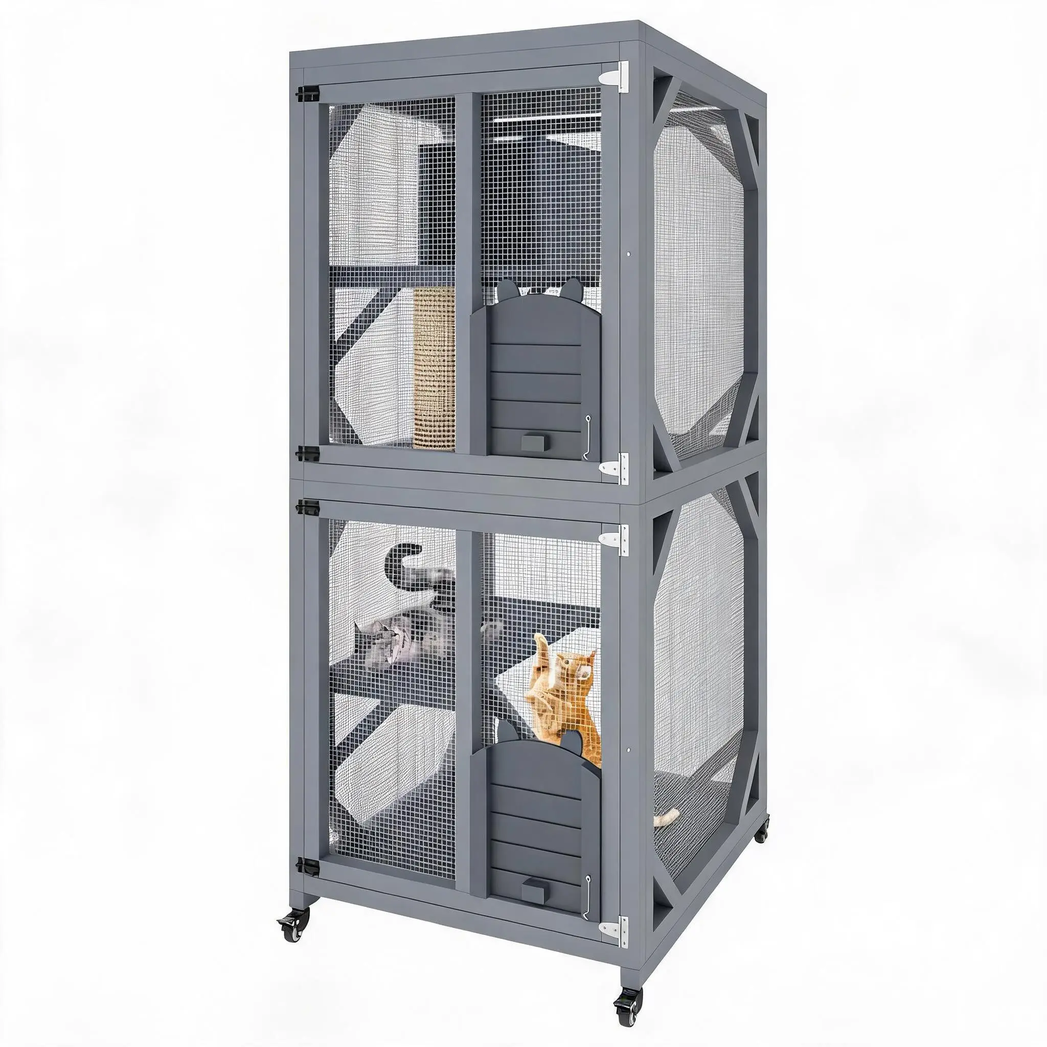 68 Inch Catio Outdoor Cat Enclosure On Wheels, Large Cat House with Waterproof Roof, Wooden Kitty House with Platforms, Upgraded Resting Box and Scratching Post for Patio