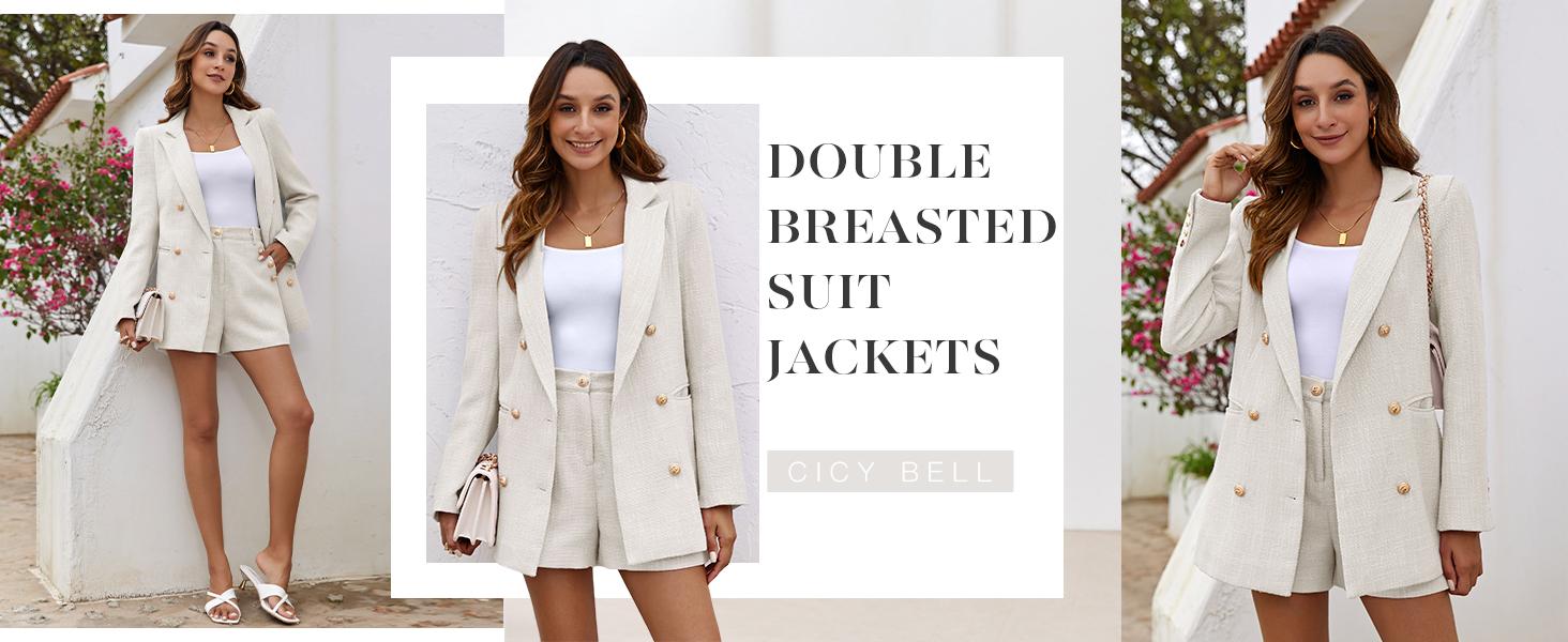 ARTFREE 2025 Womens 2 Piece Tweed Blazer Shorts Sets Long Sleeve Double Breasted Suit Jackets Business Outfit Classy Elegant