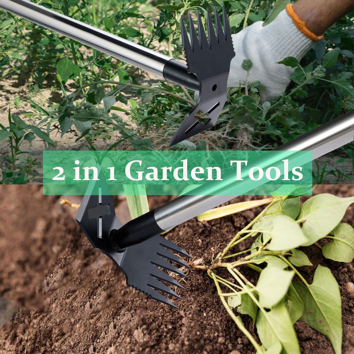 Weed Puller Tool with Long Handle, 60" Manual Weeder Remover, 2 in 1 Hand Weed Rake and Garden Hoe, for Yard, Lawn, Patio, Garden