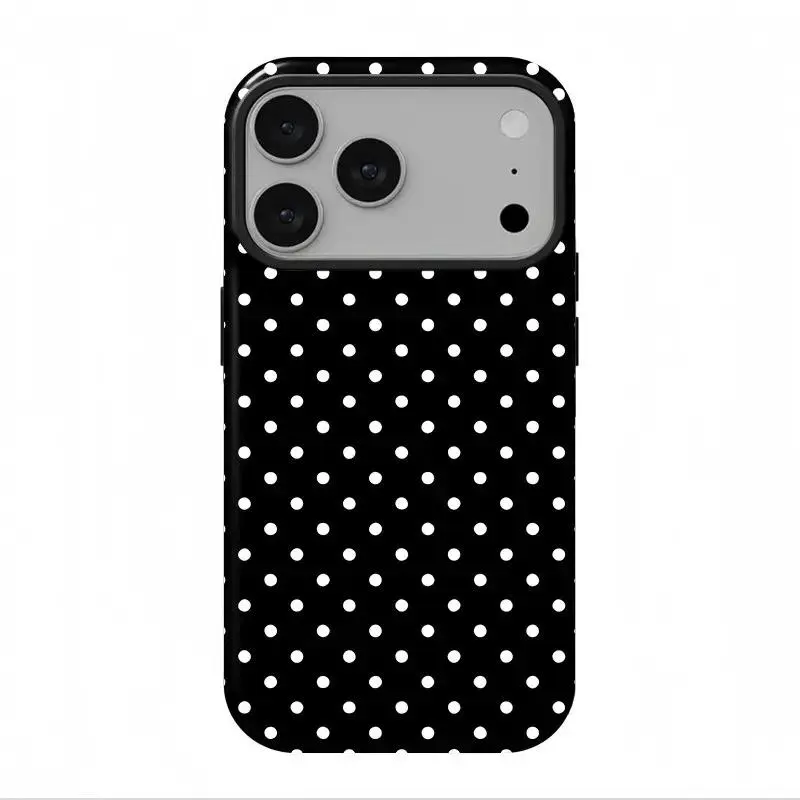 Black Polka Dot - Vintage Fantasy Pattern Premium 2-in-1 Glossy Film Phone Case Compatible with IPhone 17 Air E 16 15 14 13 12 11 Pro Max Plus Samsung Galaxy S24 Plus S25 S22+ Ultra FE Edge Shockproof Anti-Scratch TPU Protective Cover
