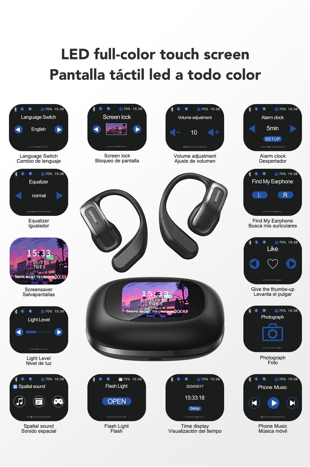 ERAZER XP3 Open Ear Earphones,OWS Wireless Headphones,Bluetooth Earbuds,Auriculares support Full Color Screen Display Charging Case Headsets with Mic