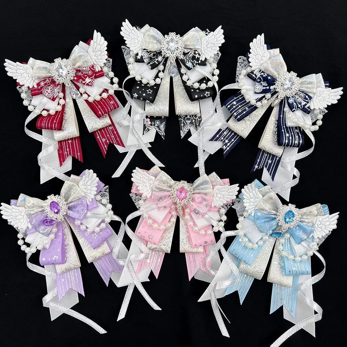 1Pc Cute Bowknot Brooch Pin, 6 Colors, Gemstone Heavy Craft Ribbon Bead Chain Color-Block Handmade DIY Finished Product, Anime Lolita Cosplay, Comic Con, Anime Decoration, Bag and Backpack Decoration Bowknot Pin