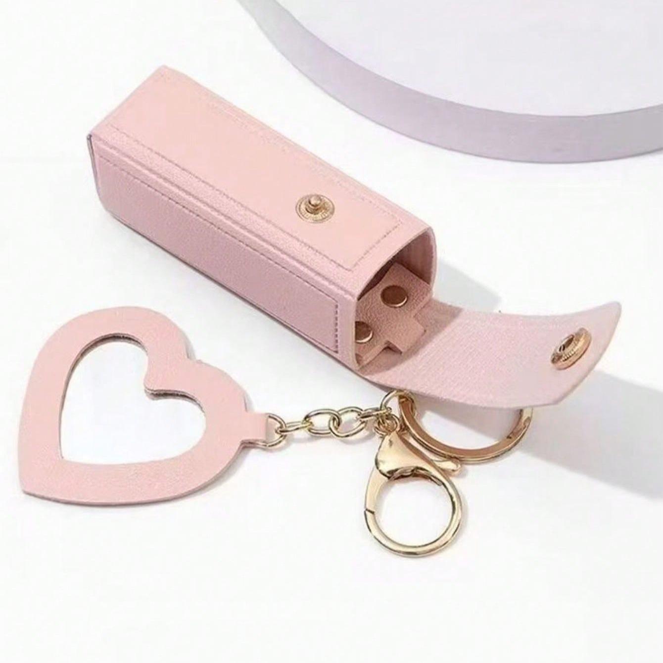 Heart-Shaped Mirror Lipstick Case Keychain Holder, Portable Pocket Makeup Stand, Travel Accessory, Gift for Family and Friends