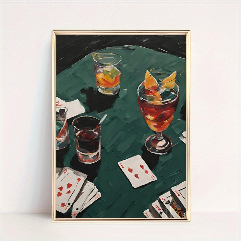 1pc Frameless Poker Wall Art Decor - Modern Classic Art Deco Canvas Print, Vibrant Whiskey & Cocktail Glasses with Playing Cards Design, Vertical Home Decor for Living Room, Bedroom, Office, Dorm - Spring Summer Aesthetic Gift