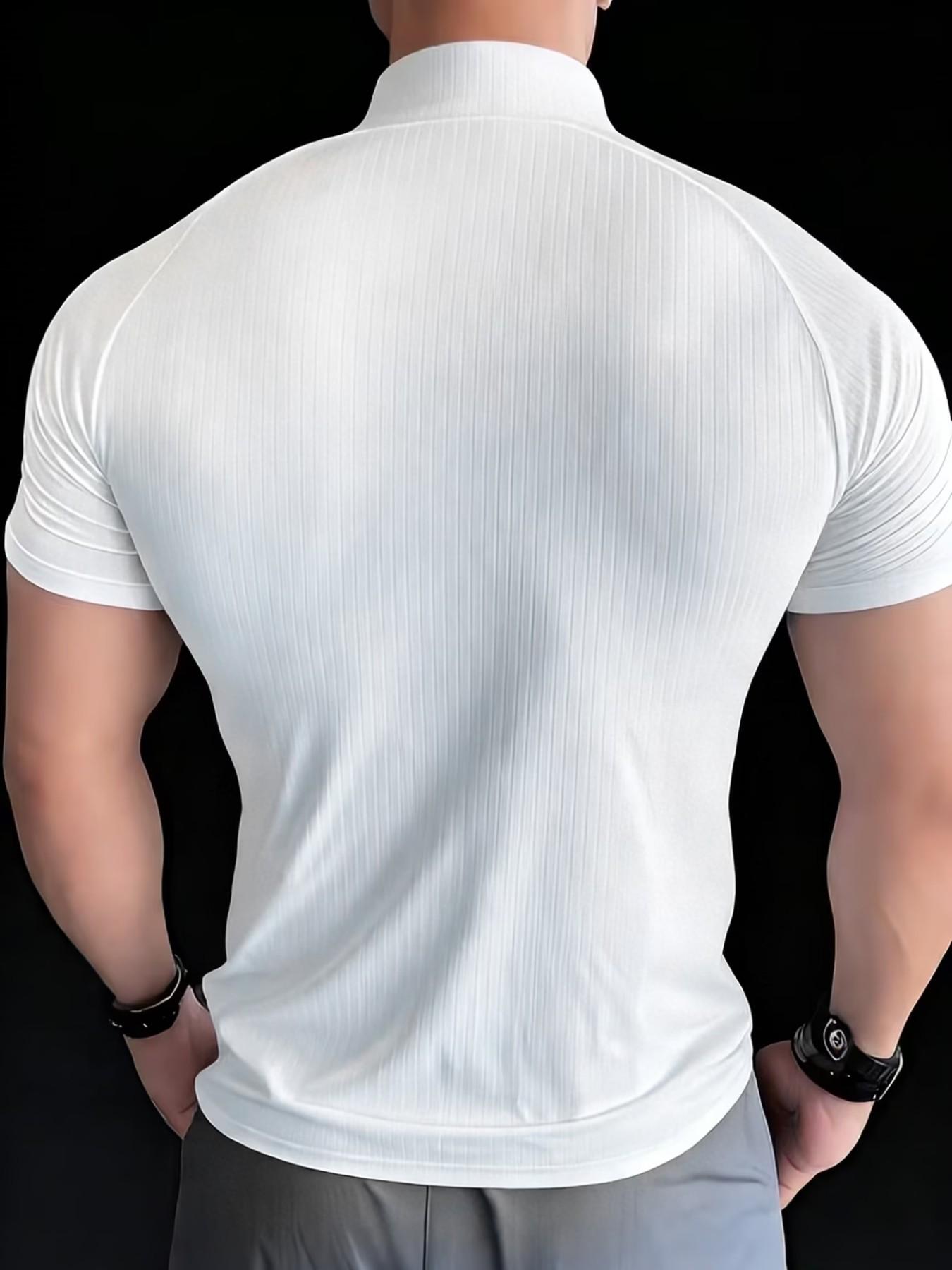 Men's Slim Fit Short Sleeve Quarter Zip Polo Shirt, Quick Dry Breathable Ribbed Sports T-Shirt, Gym Fitness Running Casual Wear