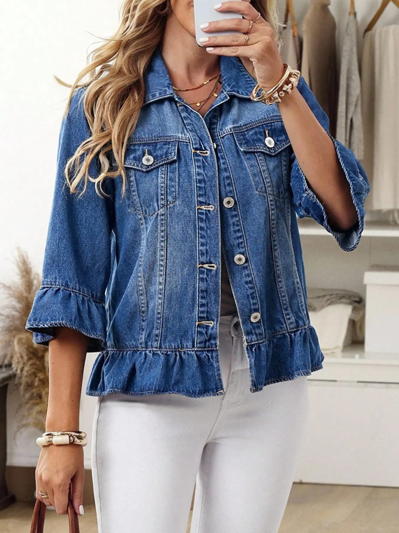 Casual Fashion Daily Ruffle Sleeves Women's Denim Jacket with Pockets, Stylish and Comfortable, Perfect for Everyday Wear, Trendy Outerwear for Ladies