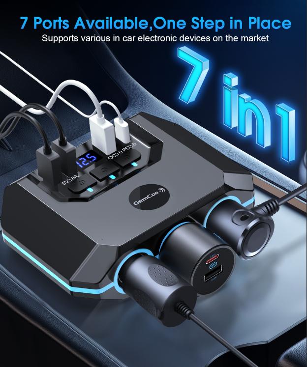 QC3.0 and PD Car Cigarette Lighter Adapter Splitter easy fix, 120W, 3 Sockets+4 USB include 2 Quick Charge Ports, LED Voltmeter, Independent Switches, 30in Cable, Easy Fix and Move, Suitable for 12V-24V Vehicles. QC3.0 and PD Car Cigarette Lighter Adapter Splitter easy fix, 120W, 3 Sockets+4 USB include 2 Quick Charge Ports, LED Voltmeter, Independent Switches, 30in Cable, Easy Fix and Move, Suitable for 12V-24V Vehicles.
