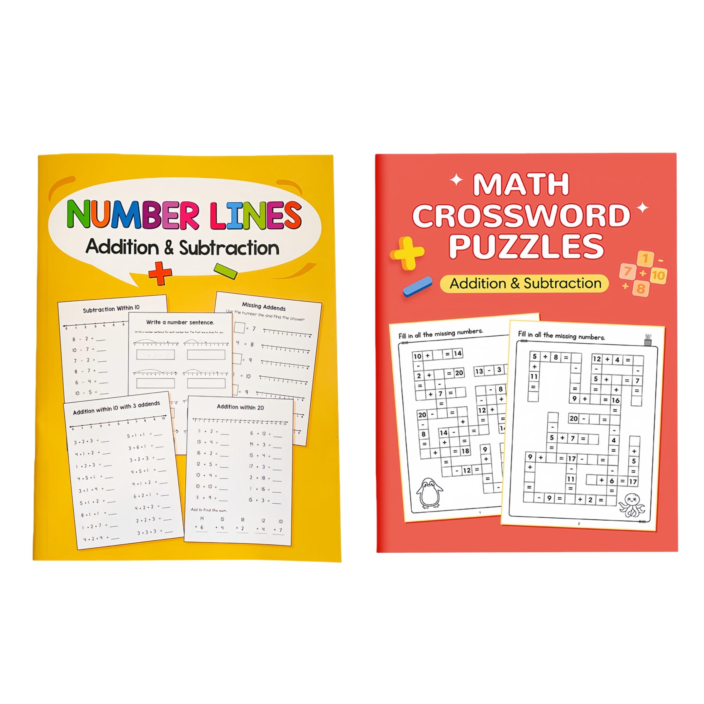 Math Addition and Subtraction Practice Book for Numbers 1-20, Fun Grid and Number Line Exercises, Early Education Learning Tool