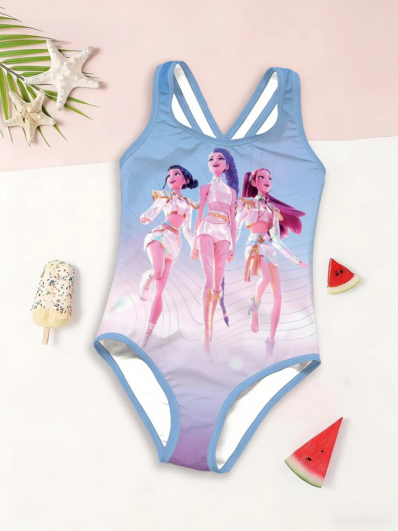 Girls' One-Piece Swimsuit, Blue Gradient Cartoon Print, Cross-Back Straps, Casual Loose-Fit, All Seasons, Beach & Poolwear