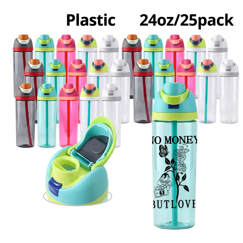 25Pack 24oz Acrylic Water Bottles, Flip Top Tumblers with Straw & Lock Lid, Reusable Plastic Drinkware for DIY Crafts, Sports, Outdoor Events & Gifts, USA Wholesale