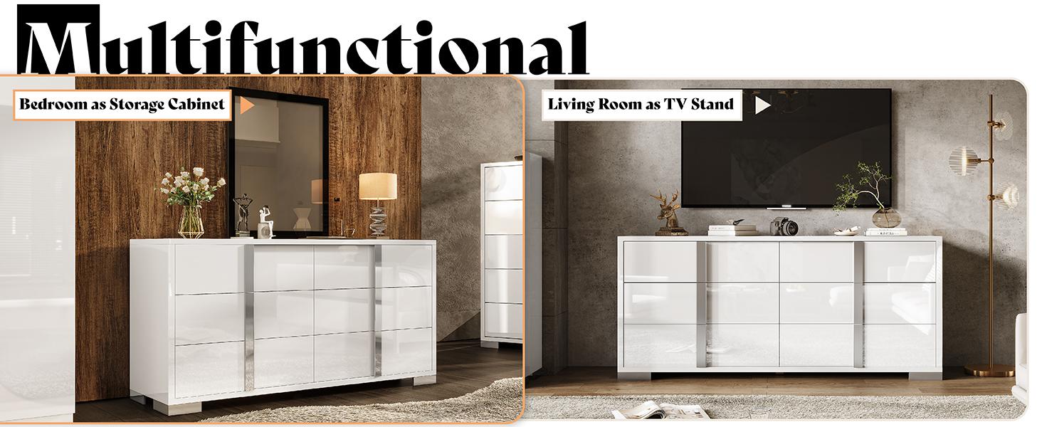 VanAcc Minimal High Gloss 5/6 Drawers Dressers with Silver Grooved Handles, Aesthetic Design, Modern Storage Chest of Drawers with Wide Tabletop, Storage Cabinet for Bedroom, Dressing Room, Living Room