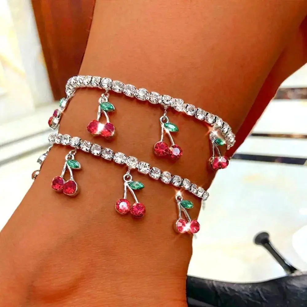 New Charm Fashion RCrystal Cherry Anklet for Women Temperament Summer Beach Leisure Fruit Pendant Anklet Foot Accessory Gift