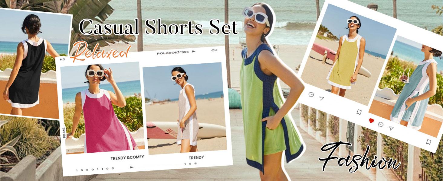 Women's Casual Two Piece Sets Color Block Crewneck Sleeveless Pullover Tops Matching Shorts With Pockets