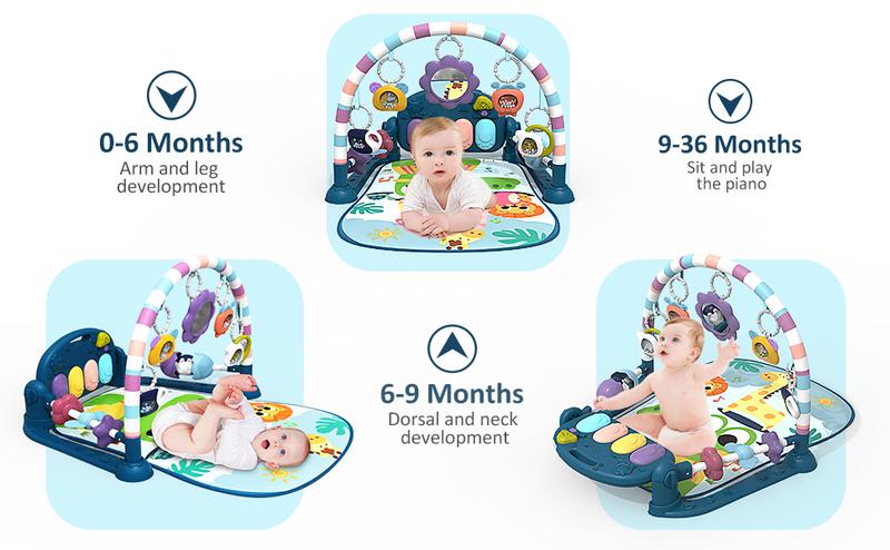 dearlomum Baby Play Mat Blue Giraffe Design with 5 Sensory Toys Music Lights for Newborns 0-36 Months Multifunctional Rubber Playmat Playpen Gift for Boys & Girls
