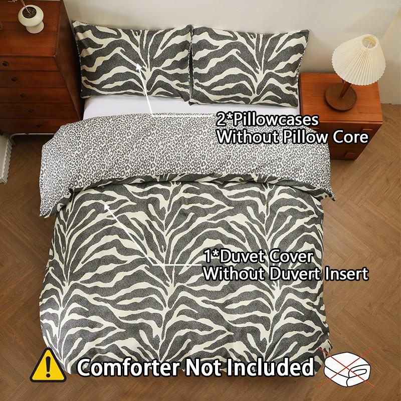 Zebra Print & Leopard Pattern Bedding Set, Reversible 3 Piece (1 Duvet Cover + 2 Pillowcases No Insert), Soft Comfortable, Soft Bedding Sets, All Seasons Use, Gift Idea