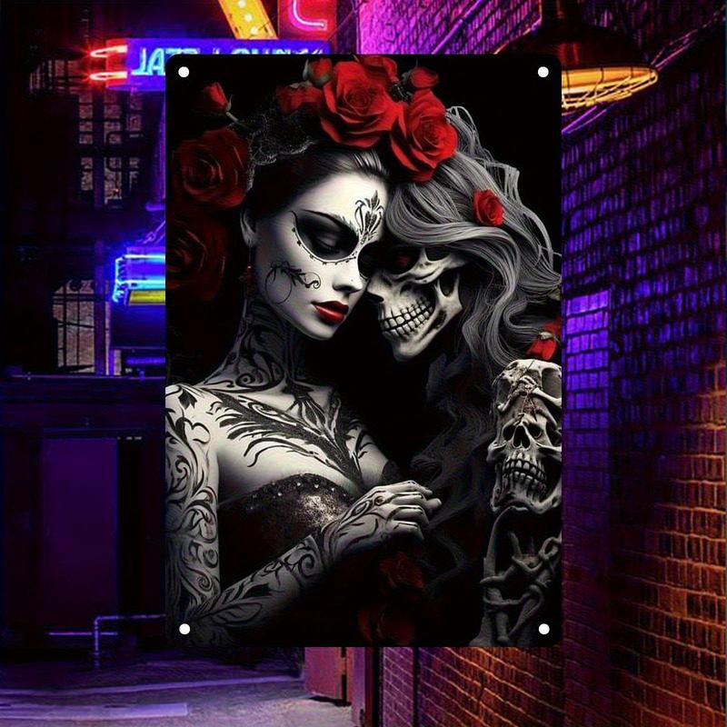 1PC 2D Flat - Gothic Sugar Skull and Rose Metal Wall Art - Vibrant Iron Sign with Intricate Tattoo Design, Black and White Contrast, Perfect for Home, Coffee Shop, Bar Decoration, Unique Valentine's Day Gift, Easy to Hang, Home Decor