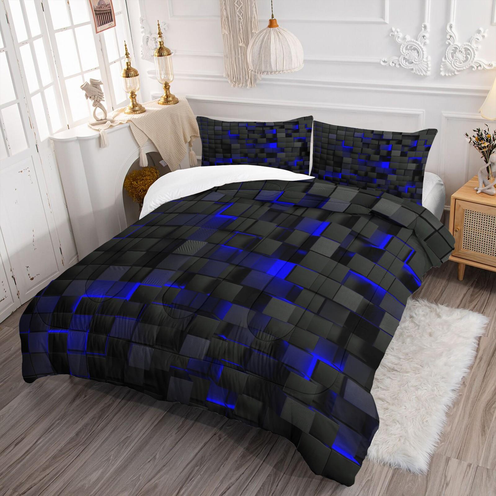 3D Blue & Black Cube Comforter Set - Durable Material Comfy Bed Sets, 1 Quilt + 1/2 Pillowcases, Modern Geometric Gaming Bedding for Teens & Gamers, Ideal for Bedrooms, Dorms & Guest Rooms