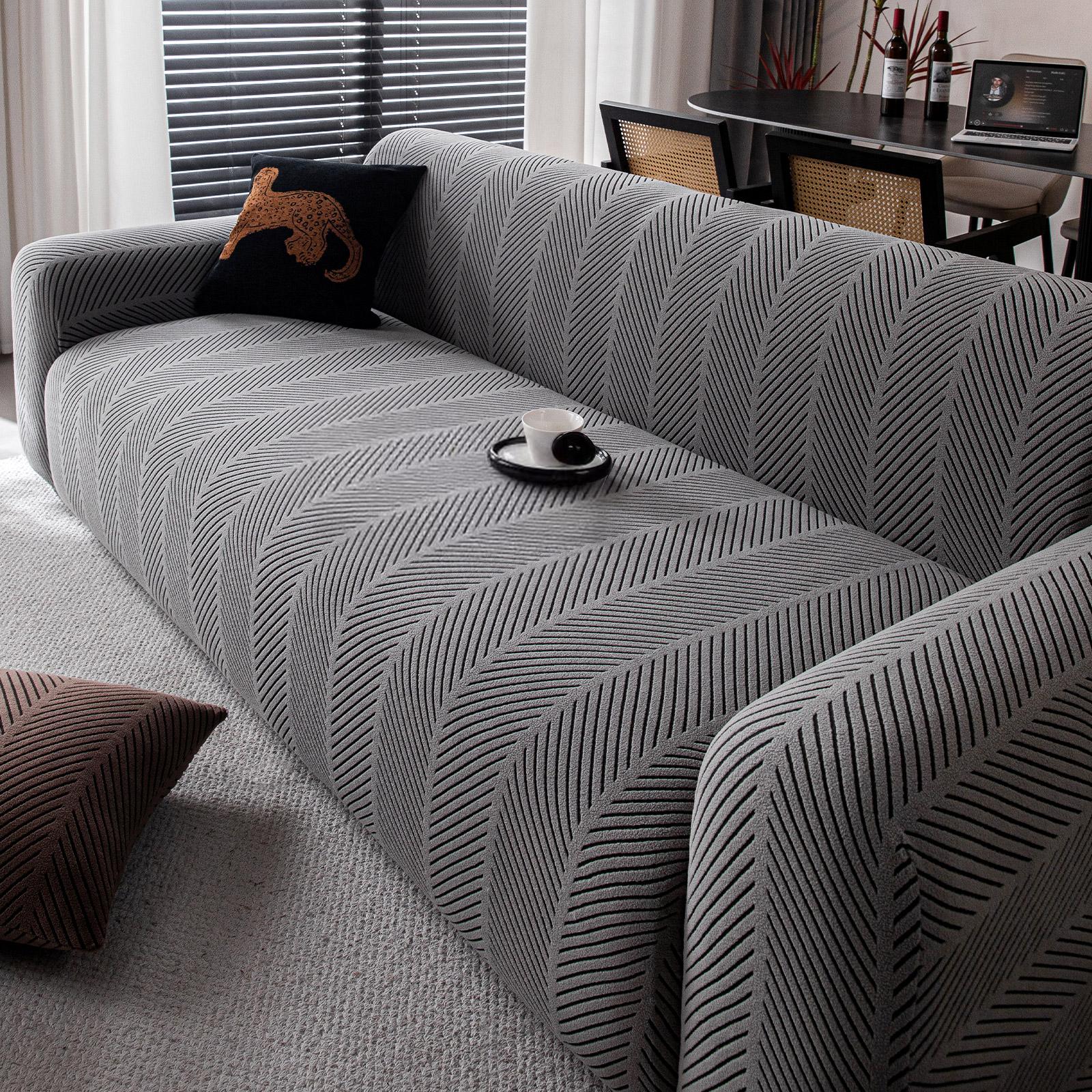 Fishbone Pattern Sofa Cover, 1pc New All-Season Elastic Full Wrap Sofa Protector, Anti-Slip Cat Scratch Resistant Three-Seater Couch Pad, Elastic Sofa Slipcover, Stretch Sofa Cover