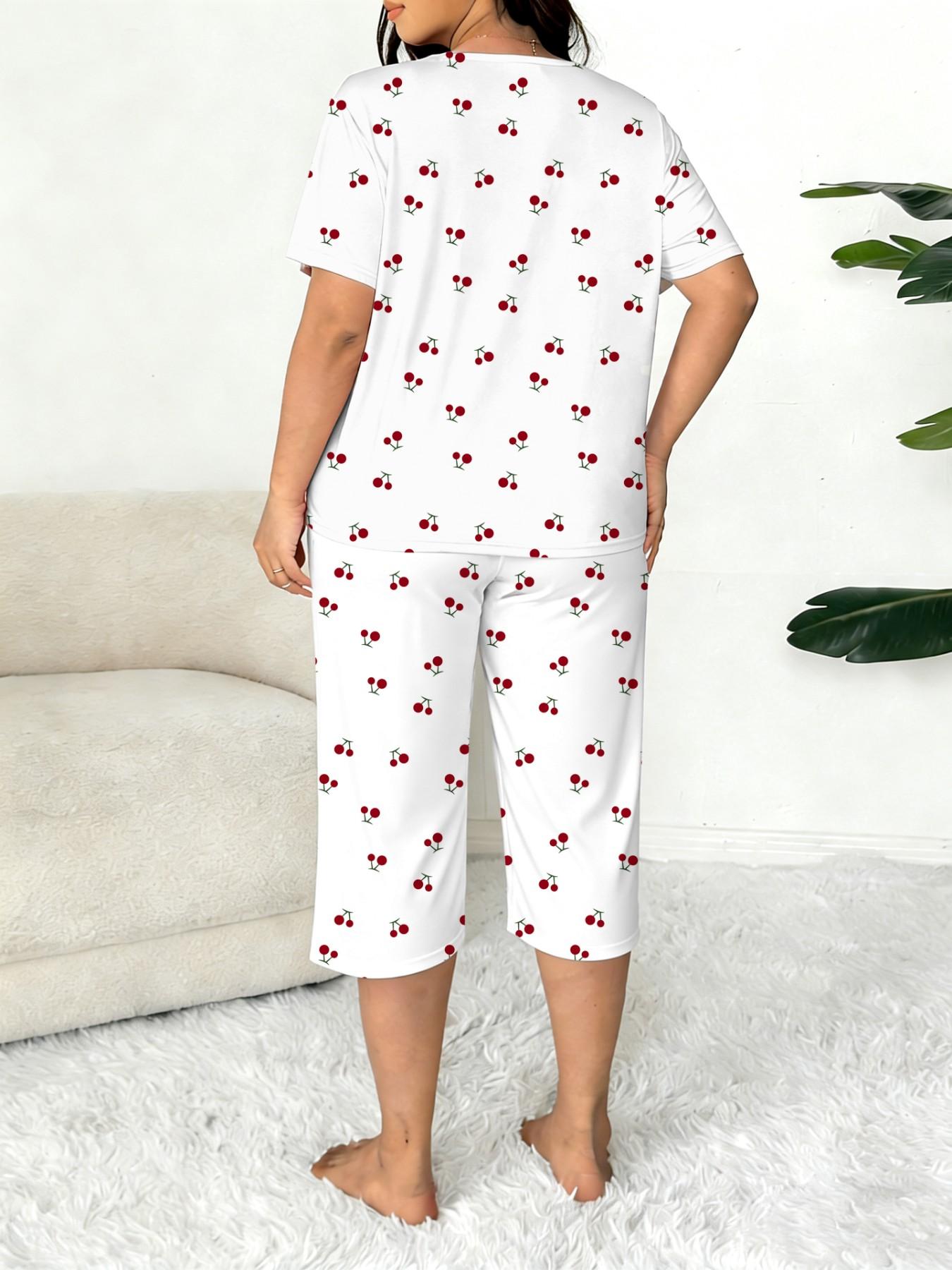 Plus-Size Women's Cherry Print Round Neck Short Sleeve Top and Capri Pants Set, Casual Pajamas Set, Comfortable Sleepwear Plus-Size Women's Cherry Print Round Neck Short Sleeve Top and Capri Pants Set, Casual Pajamas Set, Comfortable Sleepwear