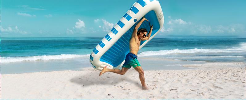 QPAU 2 Person Inflatable Tanning Pool with Extras: Extra Large 82"x60" Sunbathing Float for Adults, Removable Pillow, 2 Cup Holders, Grip Rope & Footrest for Backyard Pool Beach Lounge