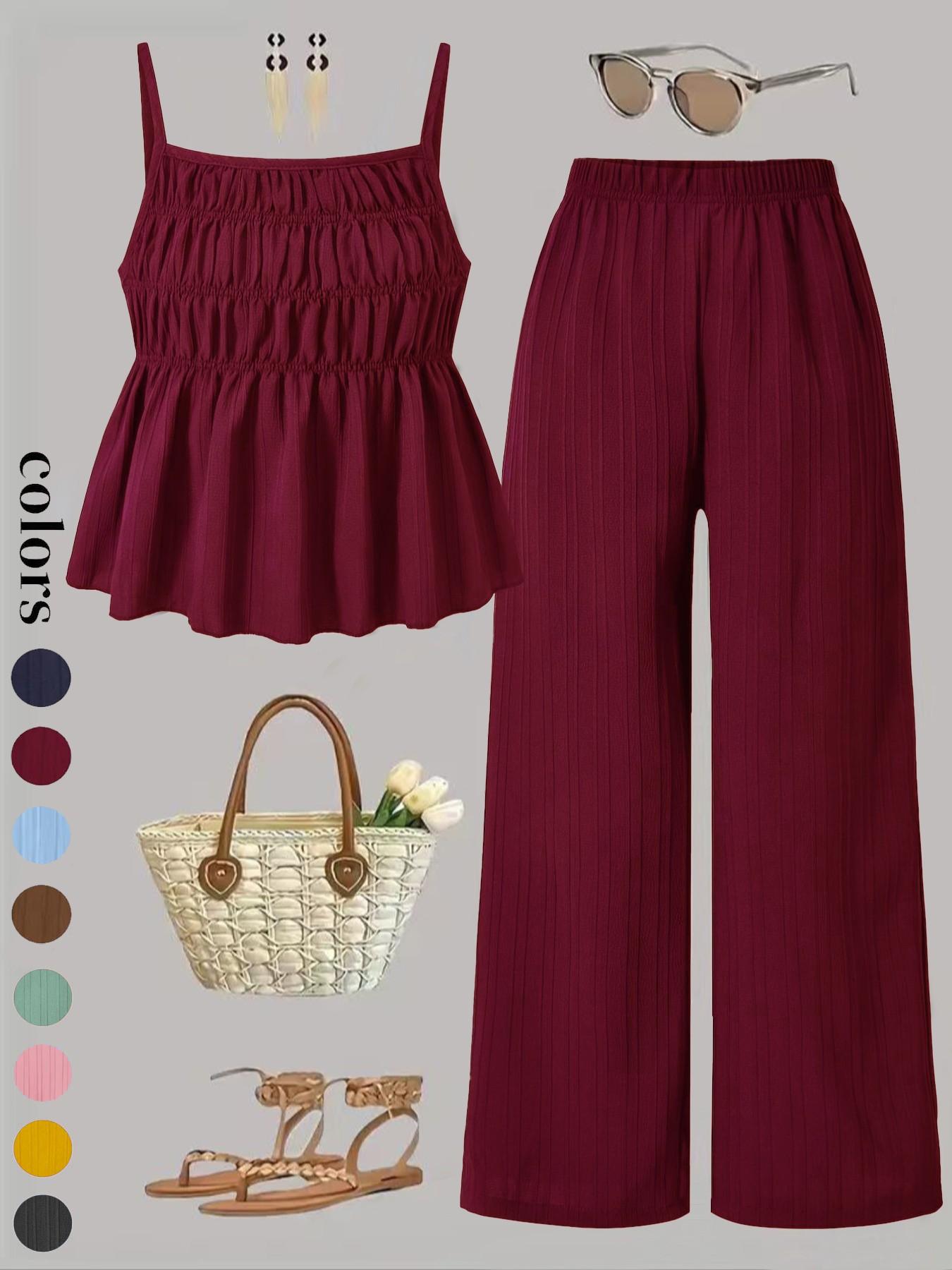 Two-Piece Set Women's Solid Color Cami Top & Wide Leg Pants Set, Street Fashion Casual Outfits for Daily Outdoor Wear, Ladies Clothes for All Seasons Two-Piece Set Women's Solid Color Cami Top & Wide Leg Pants Set, Street Fashion Casual Outfits for Daily Outdoor Wear, Ladies Clothes for All Seasons