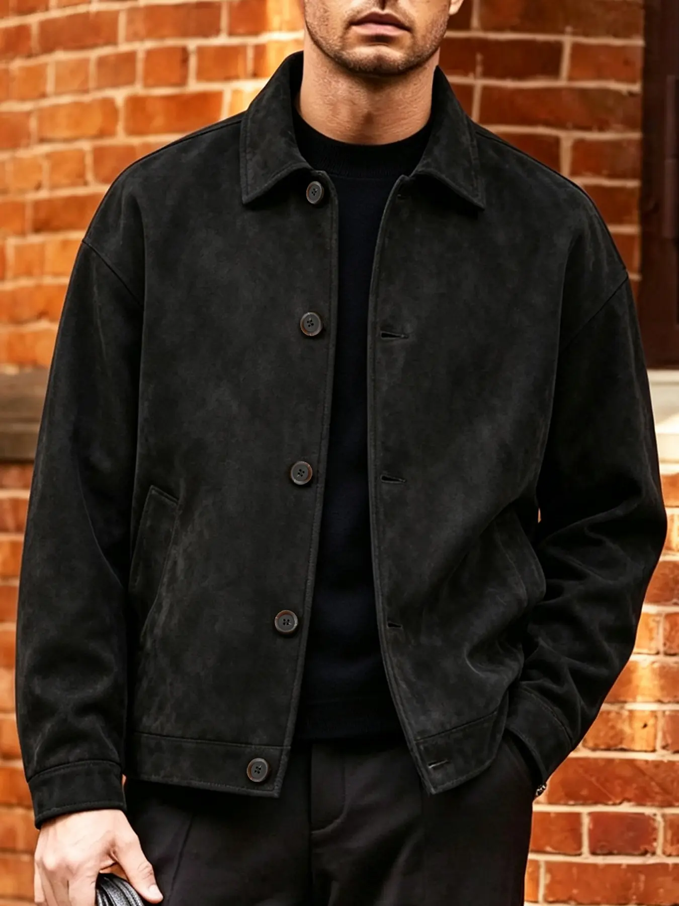 Men's Long Sleeve Casual Jacket, Faux Suede Fabric, Button Front, Lapel Collar, Slim Fit, Spring & Fall Outerwear