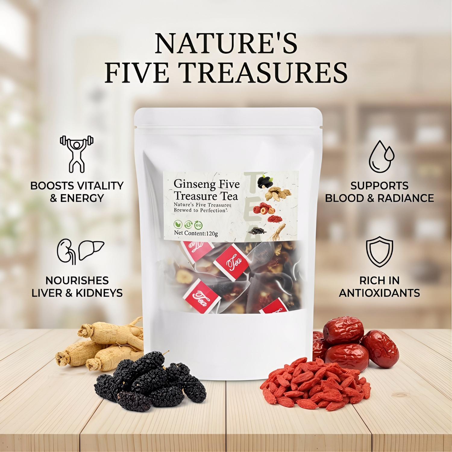 Kidney tea formula Ginseng Five Treasure TeaCombination Scented Tea Five Treasure Tea RedDate Wolfberry Tea Men's Tea Health TeaMulberry Herbal Formula Health Tea WB