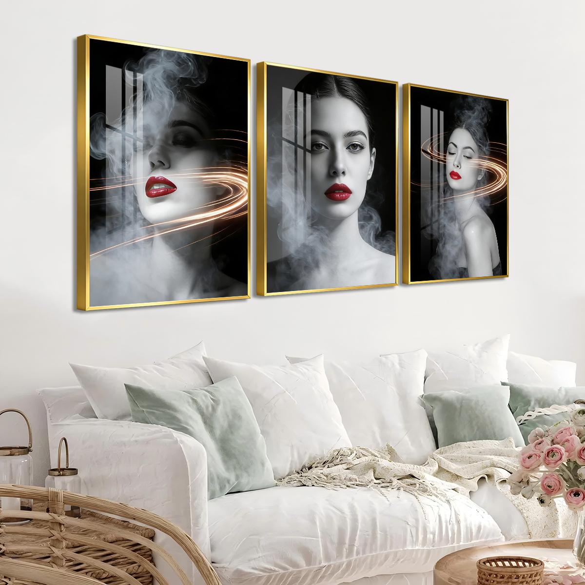 3 Counts Aluminum Alloy Framed Painting, Abstract Smoke And Light Portrait Pictures, Home Decoration For Living Room, Bedroom, Office, Restaurant, Hallway Wall Decor, Odorless Print Artwork, Luxury Perfect Gift For Friends And Family