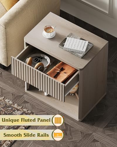 Bedside Nightstand with Drawers and Open Shelves, Rounded Corner Side Table with Cable Management, Modern Minimalist Bedside Cabinet for Bedroom Living Room, Perfect for Lamp Books Remote and Daily Essentials Storage