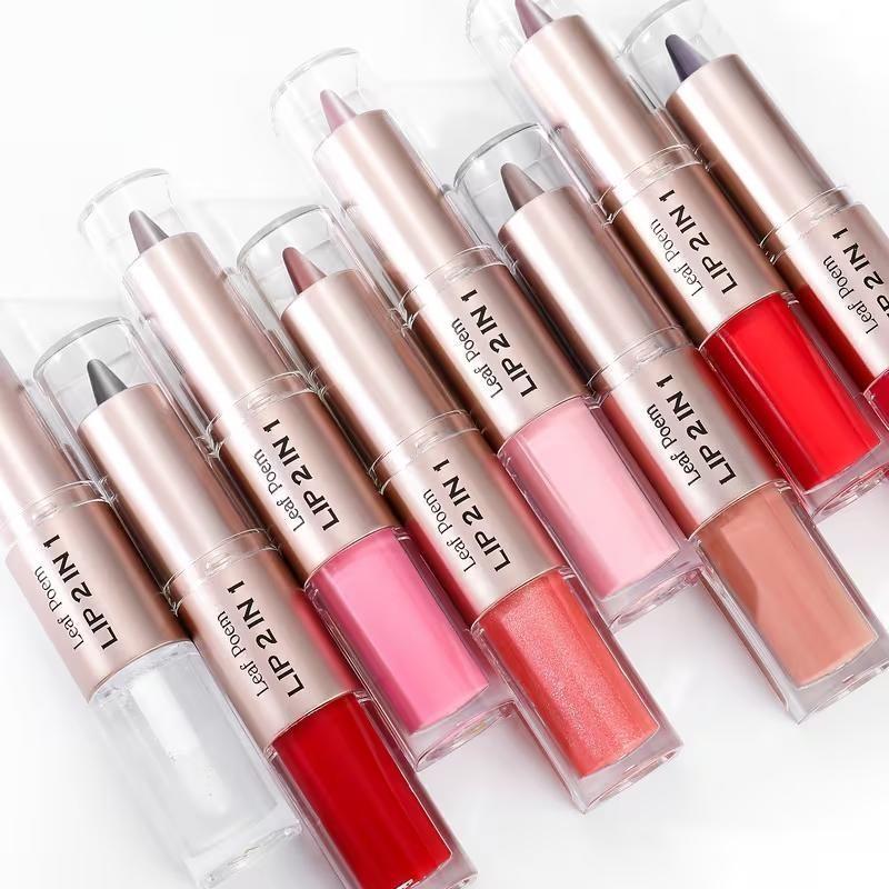2-in-1 Dual-Ended Lip Gloss & Lipstick - Matte lip liner to outline lips, mirror-like glossy lip gloss, long-lasting color that doesn't smudge on cups, berry tones, anti-slip bullet design, 8 colors available, Cosmetic, Lip Product