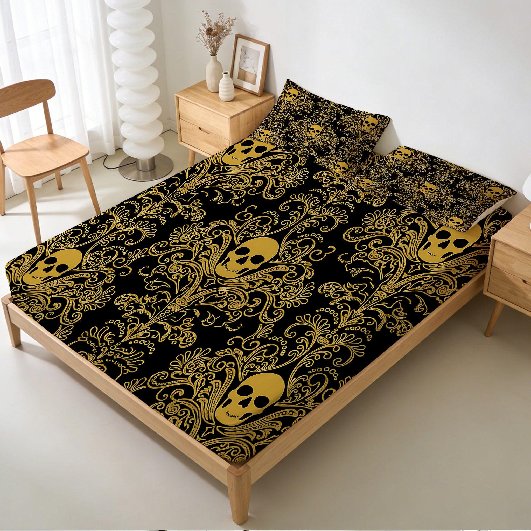 2/3 Pcs Skull Decorative Art Pattern Fitted Sheet Set(1*Fitted Sheet+1/2*Pillowcase,No Filling),High-Definition Digital Printing,Soft And Comfortable Fabric,Suitable For All Year Round,Perfect Gift For Family And Friends On Festivals!