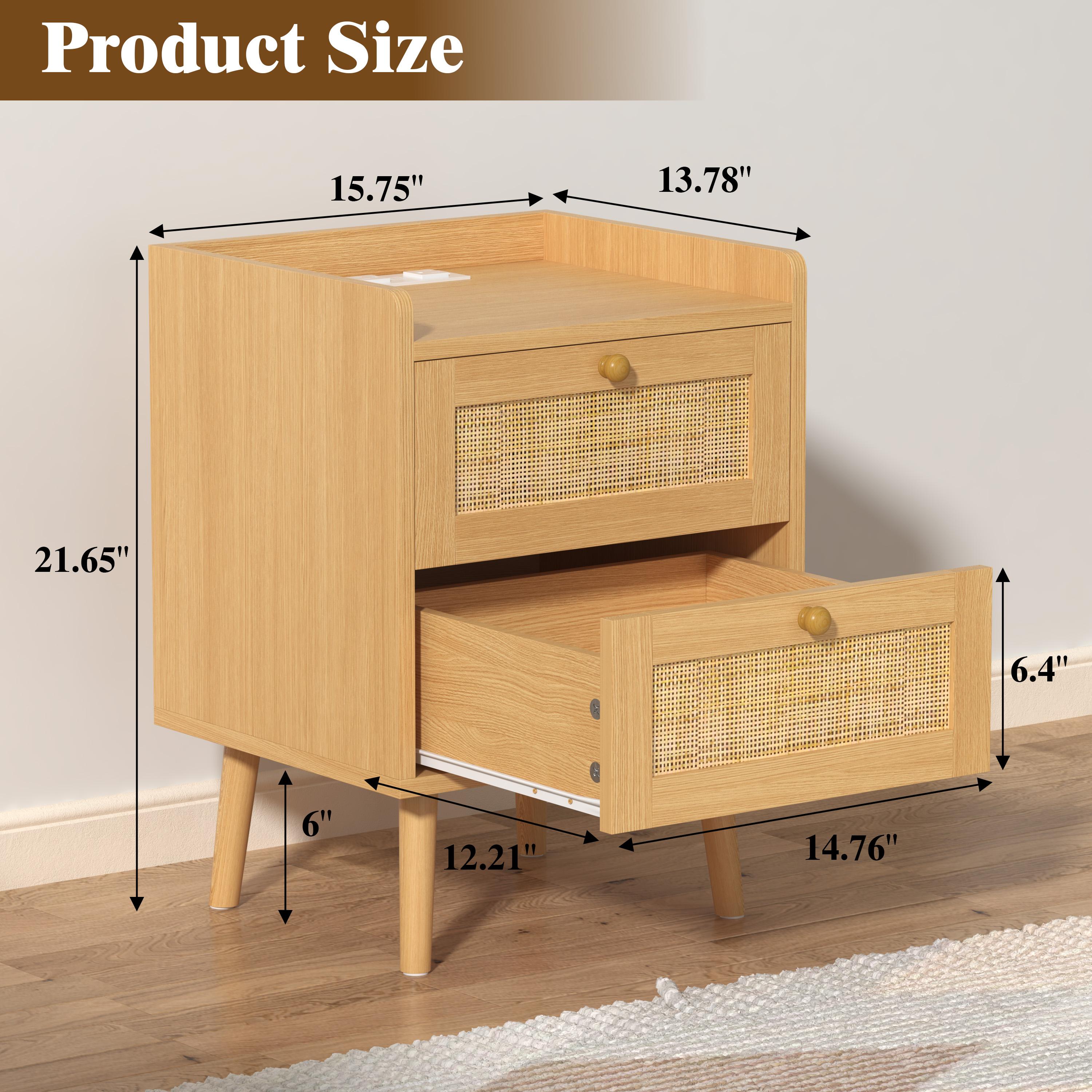 Rattan Nightstand with Charging Station, Rattan Boho End Table with 2 Drawers Bedroom Bedside Side Tables Natural Night Stand for Living Room,Bedroom,Dorm Room Essentials