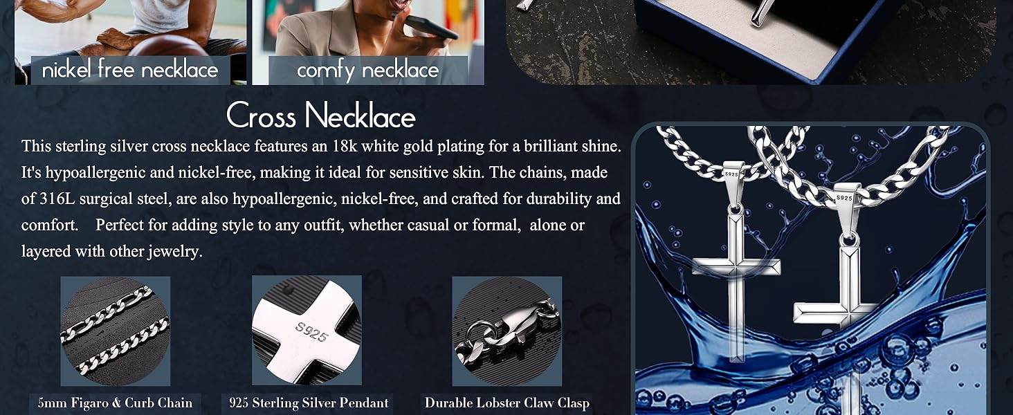 MILACOLATO 925 Sterling Silver Cross Necklace for Men Women, 5mm 316L Stainless Steel Diamond-Cut Durable Figaro Link Chain or Cuban Link Curb Chain for Men, Mens Silver Crucifix Cross Pendant Necklaces Jewelry 16-30 Inches SpringStatements