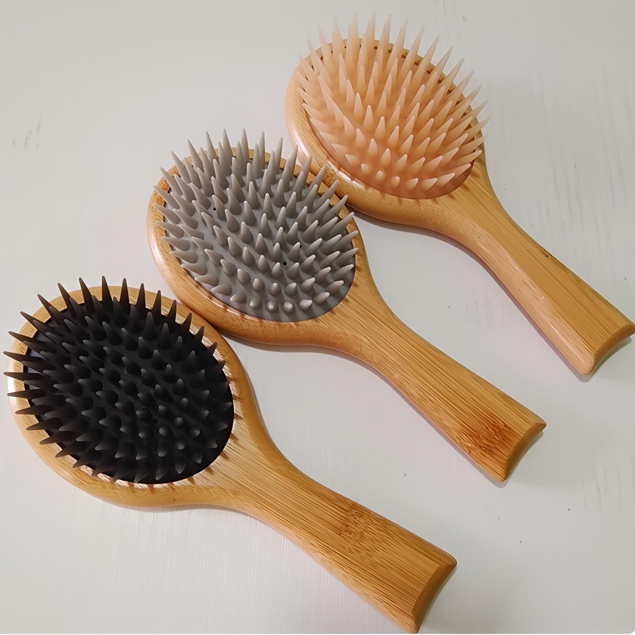 Silicone Massage Comb Bamboo Handle Scalp Massager Brush, Relaxing Meridian Stimulation, Hair Care Tool for Stress Relief