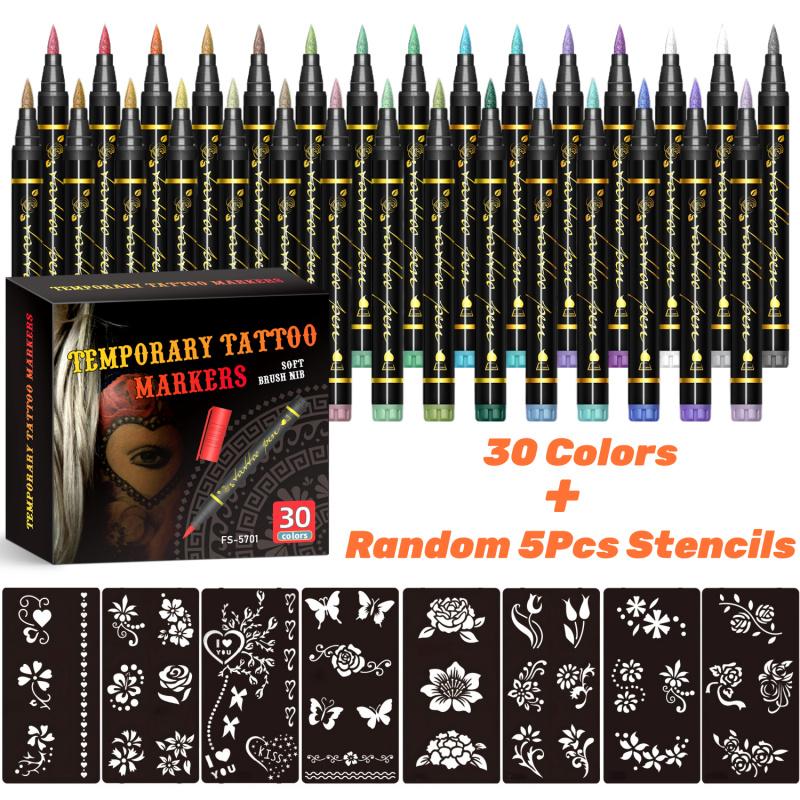 Temporary Tattoo Markers for Skin, 10/15/30-Count Body Markers 10/15/30 Colors Tattoo Pens, Tattoo Stencils,Flexible Brush Tip, Bright colors, Face Paint Kit Cosmetic Quality, High Pigment Halloween makeup