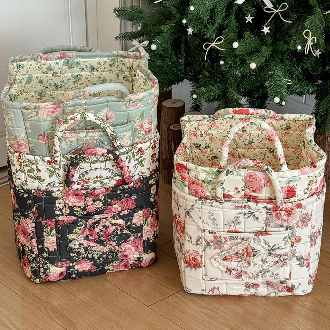 Large Flower Series Retro Floral Quilted Storage Basket, Foldable Fabric Handheld Basket, Home Organizer for Clothes and Toys, Space-Saving Spliced Retro Floral Storage Bin, Foldable Organizer for Storing Clothes, Towels, Toys, Travel and Picnic Supplies