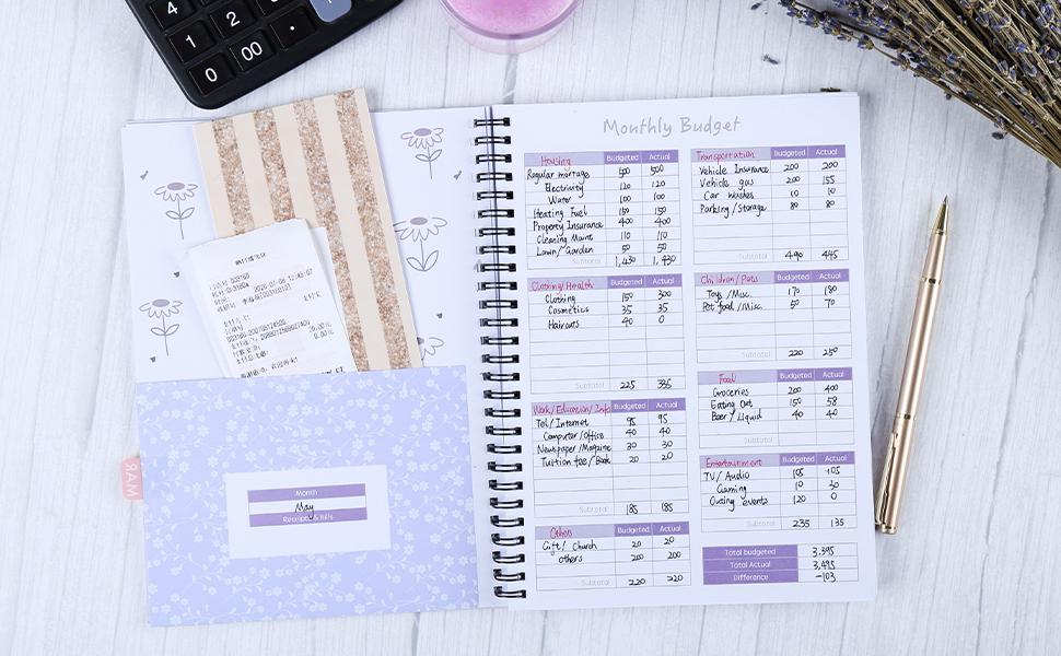 Soligt Monthly Budget Planner Book (Undated) with 12 Pockets for Income, Debt, Saving, Expense and Bill Tracker Organizer, Purple, Spiral Design