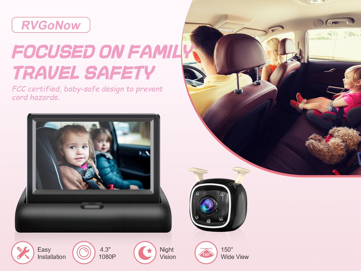 RVGoNow Baby Car Camera for Moms - USB Powered 4.3'' HD 1080P Monitor, Rear-Facing Seat Camera, Night Vision, 150° Wide-Angle, Easy Installation, Safe & Portable Baby Monitor for Car, Baby Mirror, New Moms Gift RVGoNow Baby Car Camera for Moms - USB Powered 4.3'' HD 1080P Monitor, Rear-Facing Seat Camera, Night Vision, 150° Wide-Angle, Easy Installation, Safe & Portable Baby Monitor for Car, Baby Mirror, New Moms Gift