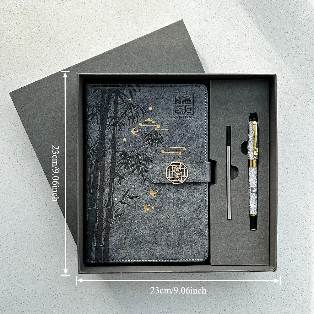 Chinsikol Gift Box Set, Chinese Style Notebooks with Metal Pen and Replacement Refills, Bamboo Pattern, Office Meeting Notes, Study Journals, Portable Notebook
