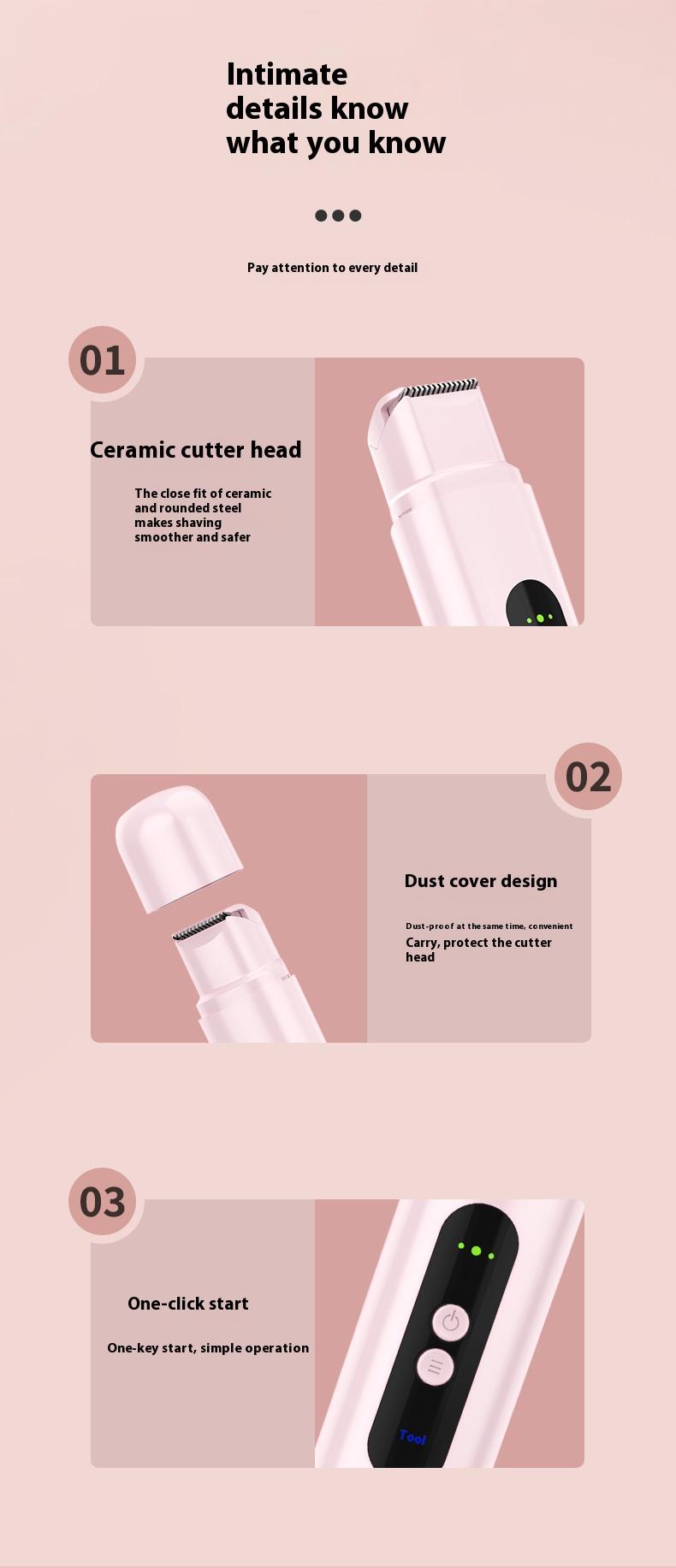 【01】【Rendoo】Private Shaver This rechargeable two-in-one electric shaver with razor function is suitable for both body and facial hair. Its dual-head design allows for painless trimming of pubic hair, face, underarms, and legs.