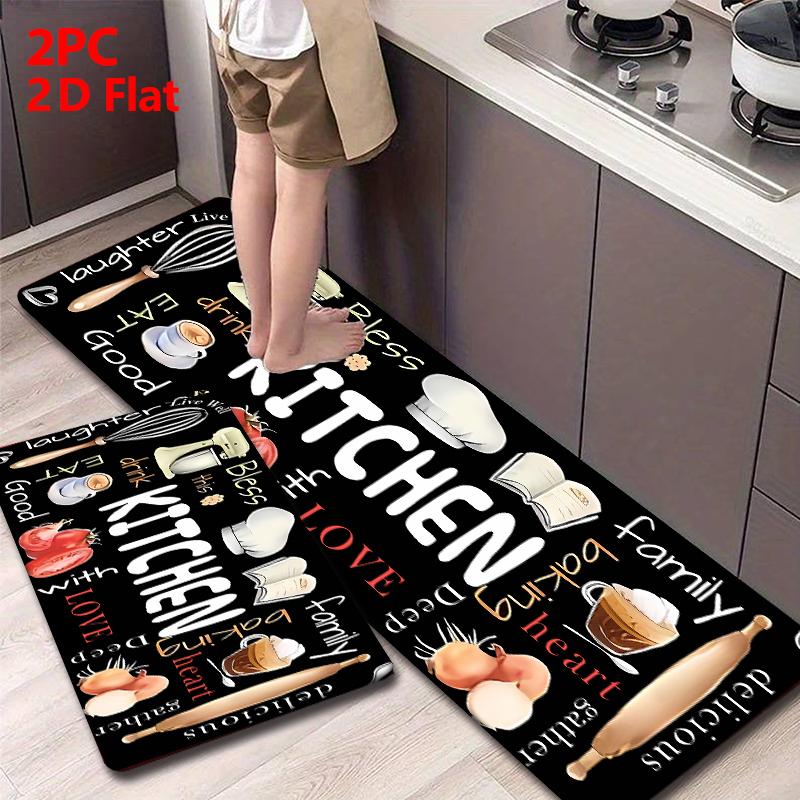 2/3 Piece Flannel Kitchen Mat Set, Decorative Rug, Kitchen Rugs Sets, Fun Kitchen Baking Tools & Food Patchwork Design, Unique Pattern, Anti-Slip, Absorbent, Home Decor