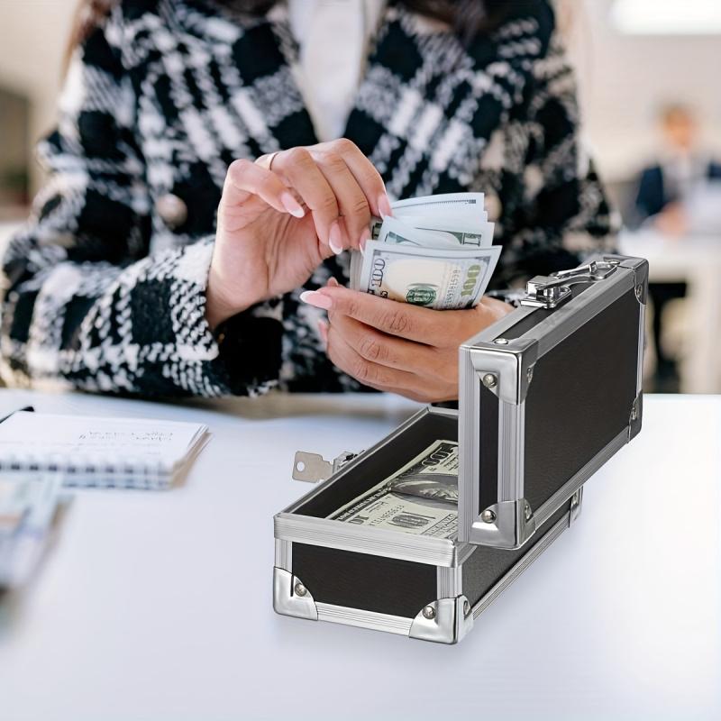 1pc Aluminum Cash Box with Lock Piggy Bank Single Row Currency Tray Acrylic Piggy Bank for Cash Collection Storage Organizer for Cashier 2. Lockable Cash Storage Box Aluminum Alloy Piggy Bank with Acry