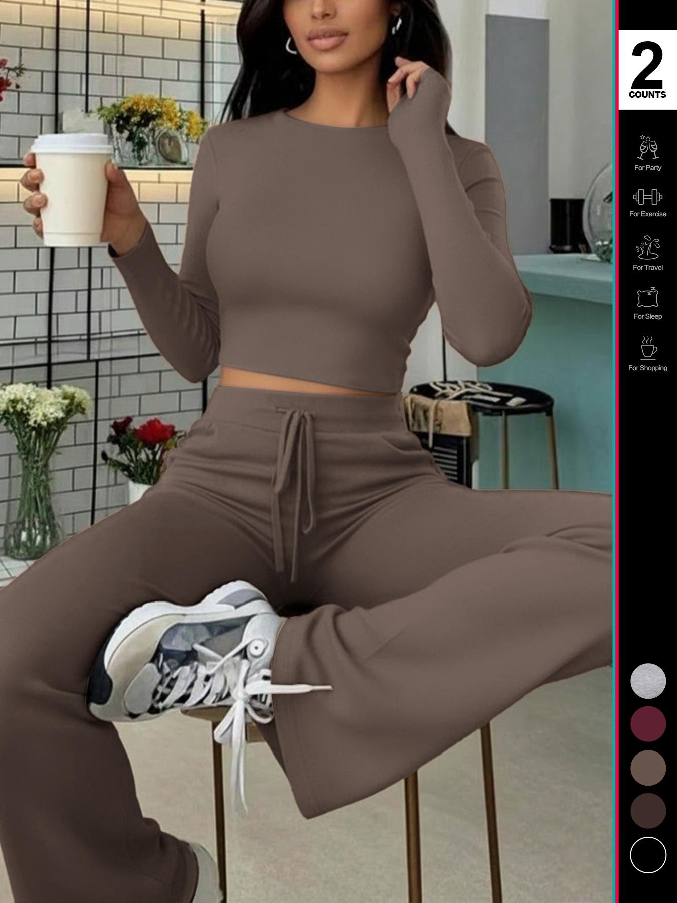 2026 Two Pieces Fall Women Clothes Y2K Sporty Casual Home Solid Color Fitted Long-Sleeved T-Shirt And Long Pants Set