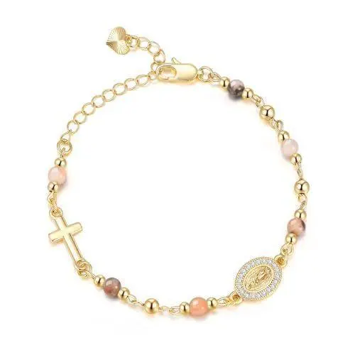 Gold Plated Cross Beaded Chain Bracelet with Virgin Mary Medal Charm - Plastic Alloy Religious Christian Rosary Wristband, Adjustable Women's Costume Jewelry, Easter Gift