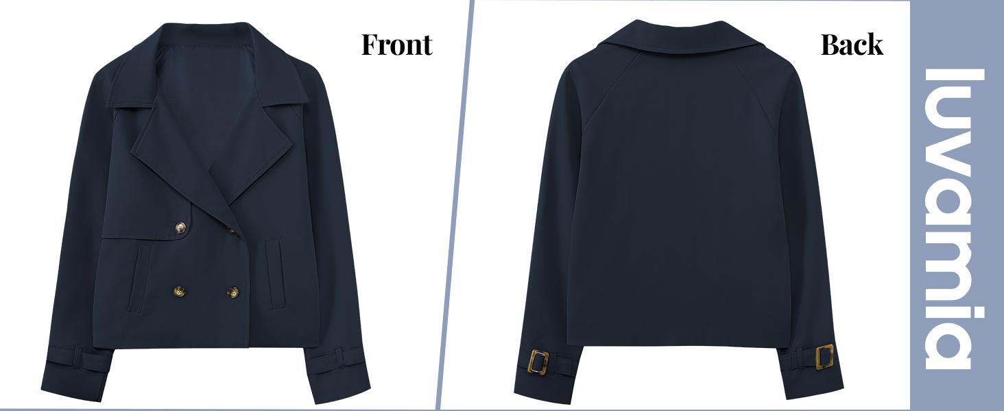 luvamia Polyester Cropped Trench Coat for Women Double Breasted Notched  Casual Loose Jackets with Pockets Women's Long Sleeve Coat Women's Lapel Outerwear
