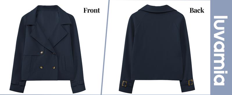 luvamia Polyester Cropped Trench Coat for Women Double Breasted Notched  Casual Loose Jackets with Pockets Women's Long Sleeve Coat Women's Lapel Outerwear